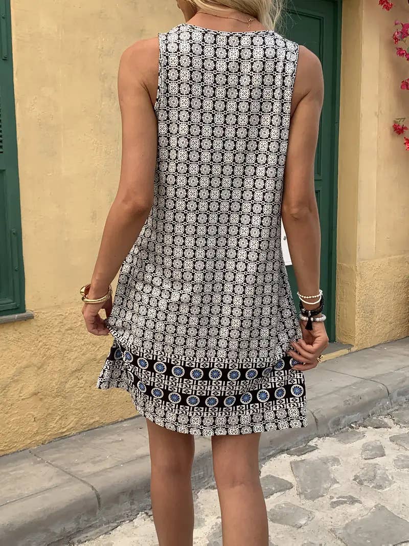 Casual printed round-neck slim short dress