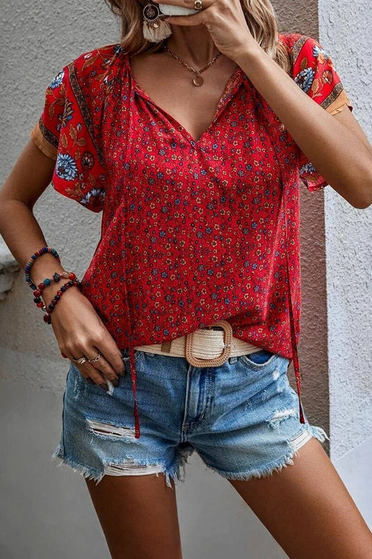 CWTSTS0660_SUMMER V-NECK SMALL FLORAL CASUAL LOOSE SHIRT