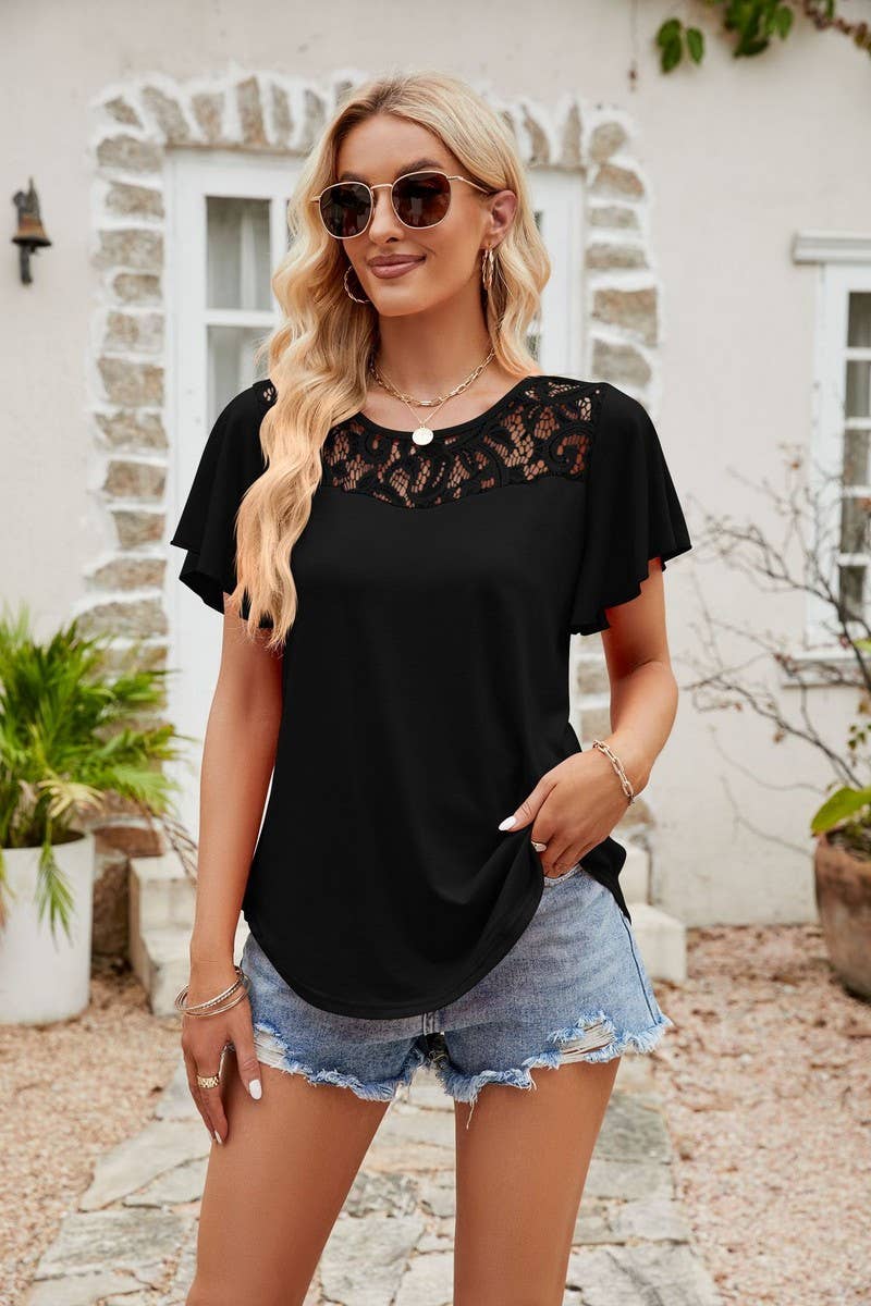 CWTTS00717_LACE-PANEL SHORT-SLEEVED ROUND NECK HOLLOW TOP