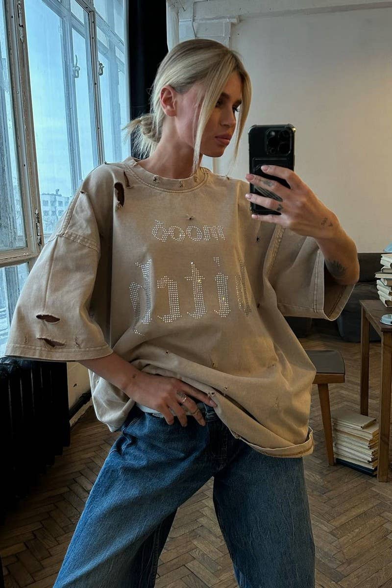 CWTTS1283_LETTER HOLE LOOSE SHORT-SLEEVED T-SHIRT