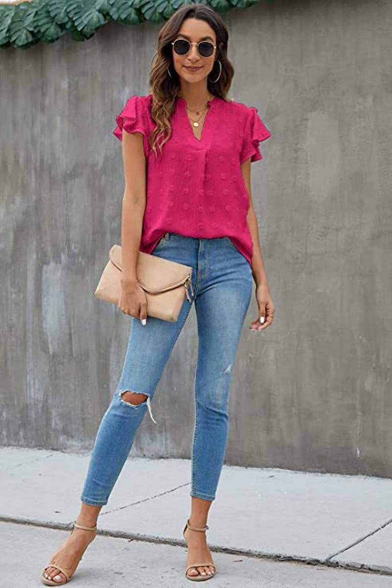 CWTBLS0606_V-NECK RUFFLED SLEEVE CHIFFON SHORT-SLEEVED TOP