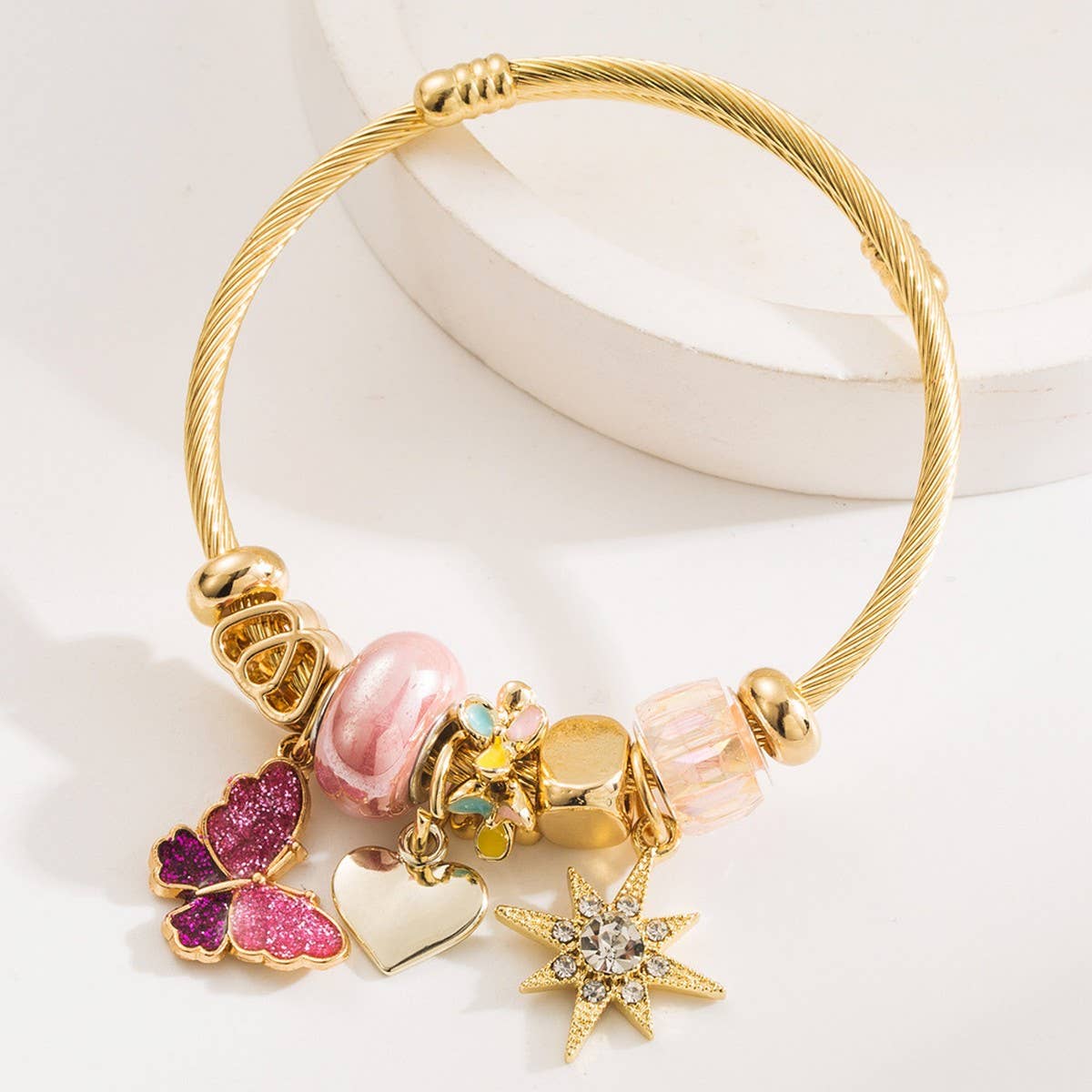 Beaded Steel Bracelet with Enamel Butterfly & Star_CWMM8564