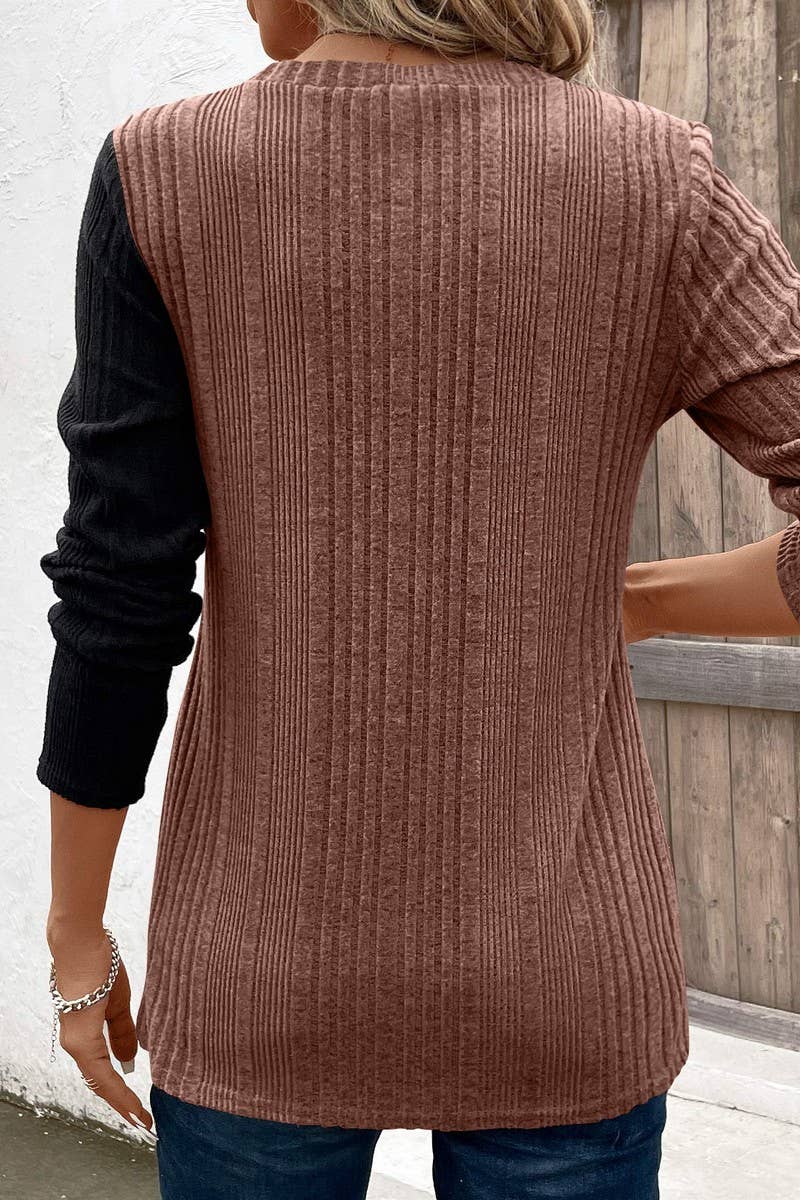 CWTBLL3195_COLORBLOCK CONTRAST BUTTON-DOWN SLIT CASUAL TOP