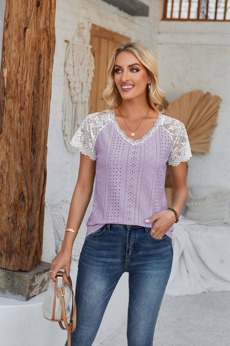 CWTTS00707_SUMMER LACE PATCHWORK SHORT-SLEEVED T-SHIRT