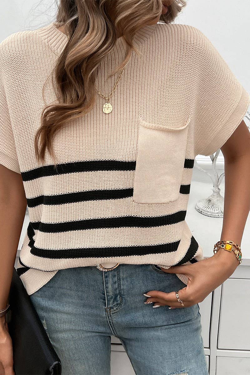 CWOSWS0077_CREW NECK STRIPED CONTRAST SHORT SLEEVE SWEATER