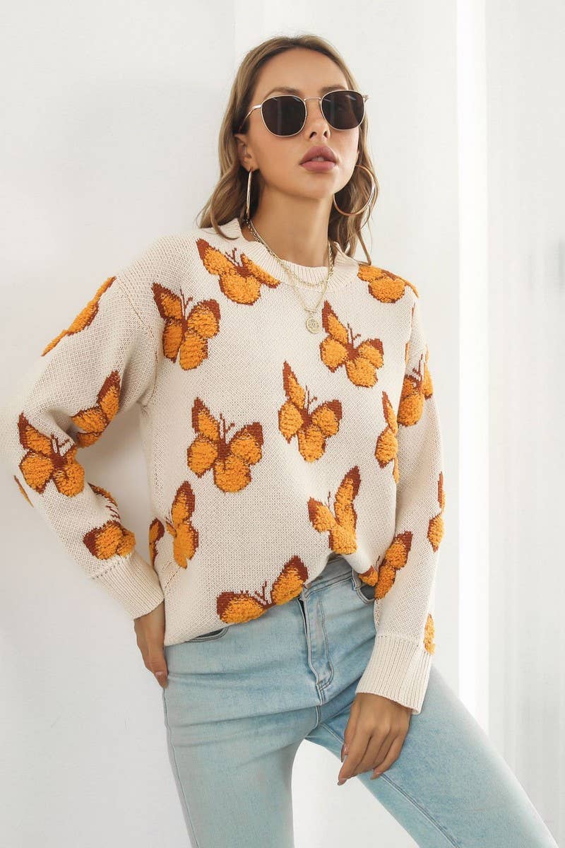 CWOSWL3964_3D BUTTERFLY JACQUARD CREWNECK KNITTED SWEATER