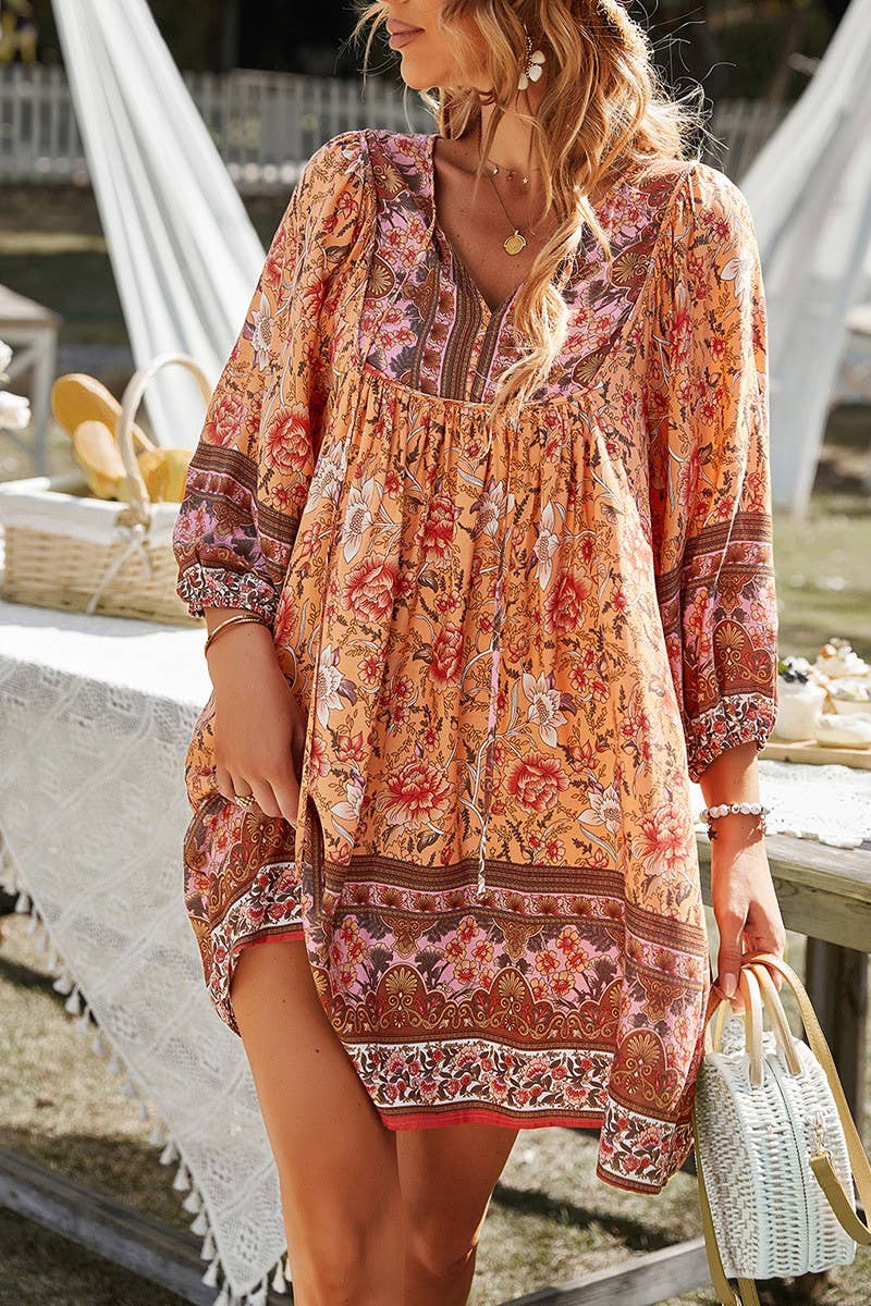 CWDSD10494_CONTRAST COLOR TIE THREE-QUARTER SLEEVE DRESS