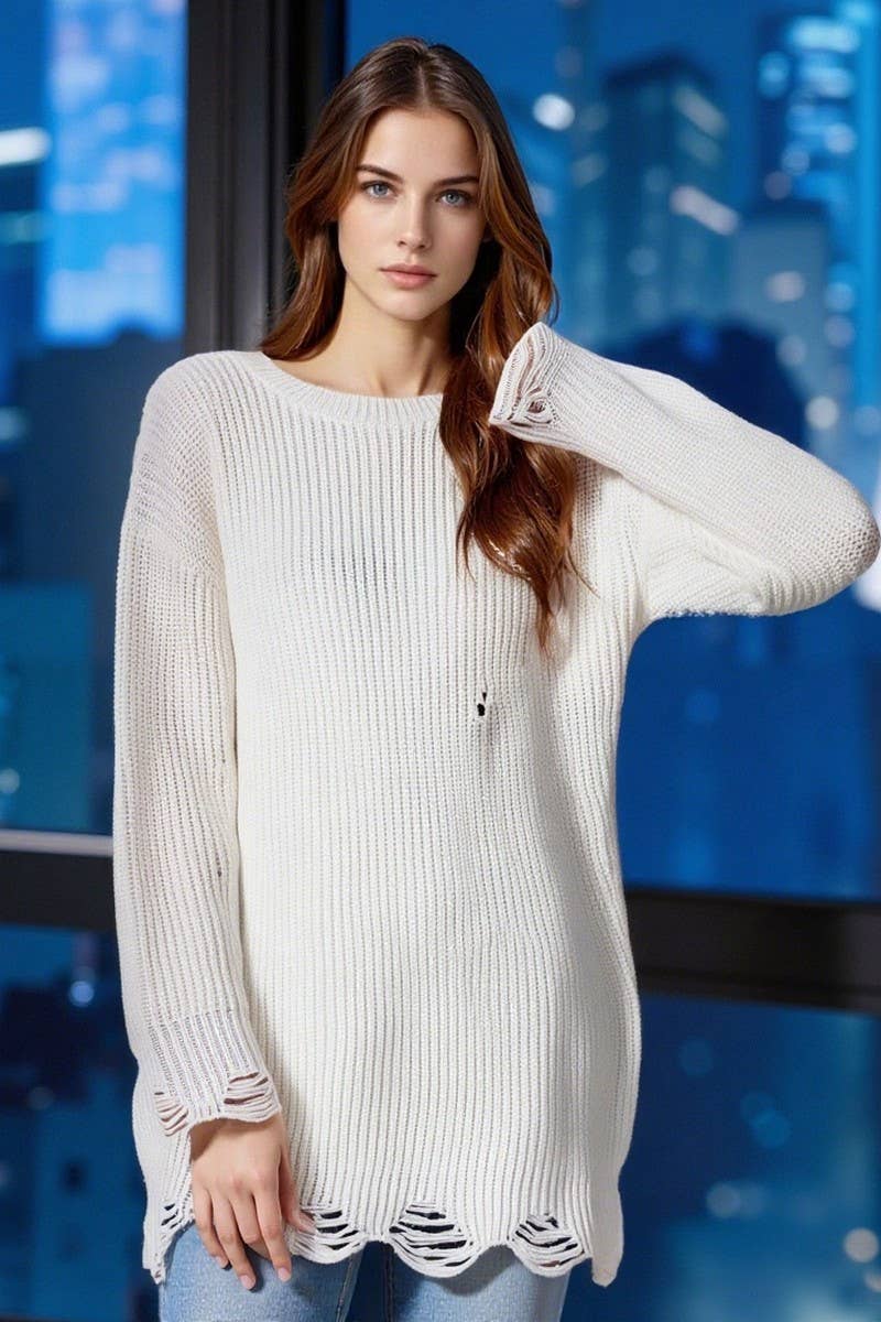 CWDSD10563_SOLID COLOR LOOSE SWEATER WITH RIPPED HEM