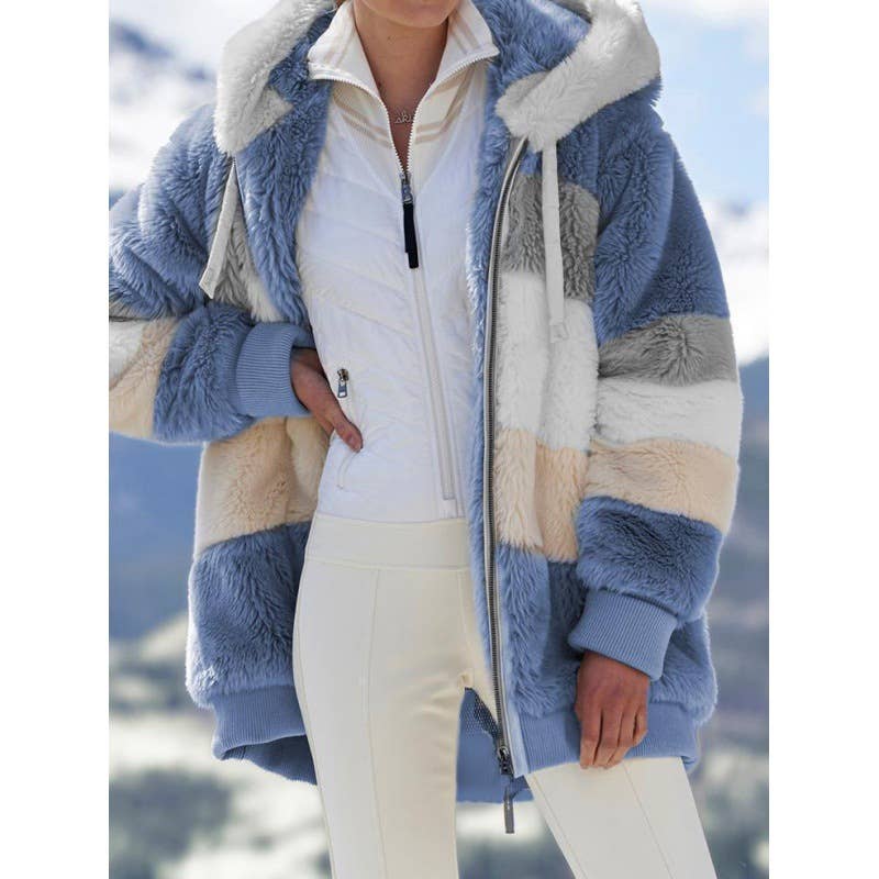 FLEECE PATCHWORK ZIPPER POCKET HOODED JACKET