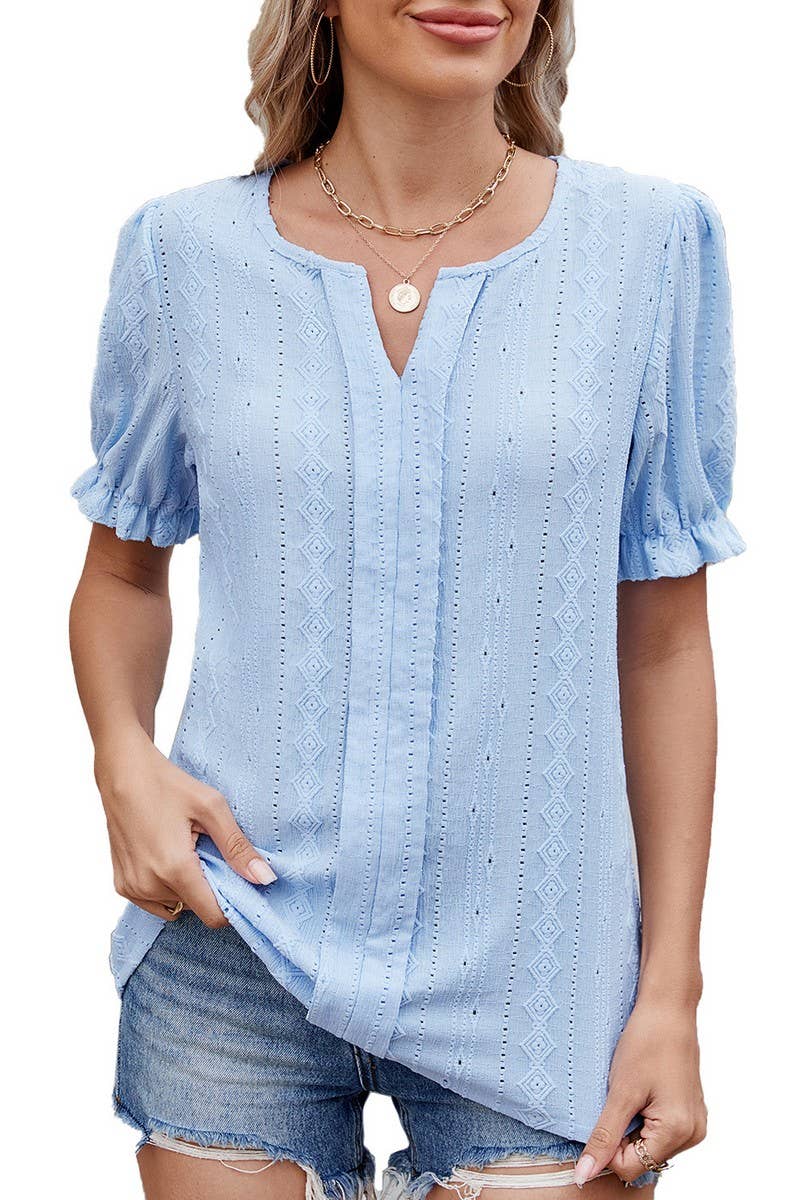 CWTBLS1727_SOLID COLOR V-NECK LOOSE PUFF SLEEVE JACQUARD TOP