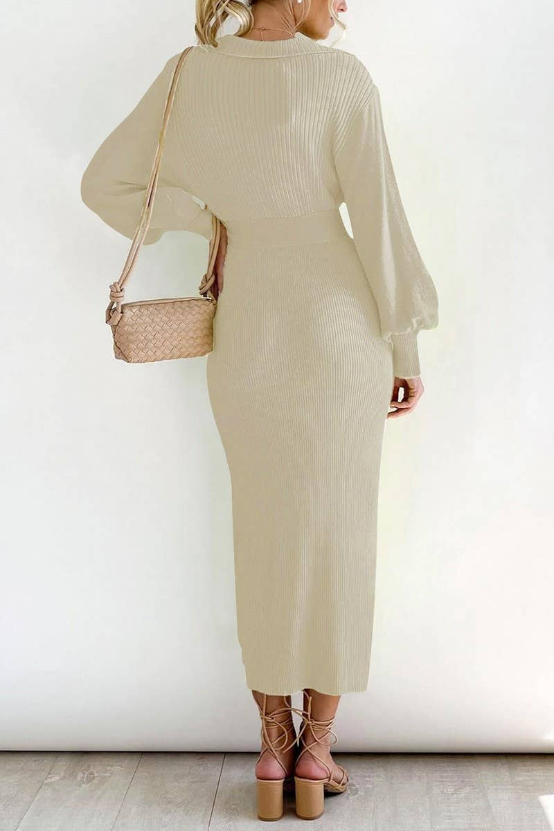 CWDMD01035_VINTAGE LANTERN SLEEVE V NECK KNIT SWEATER DRESS