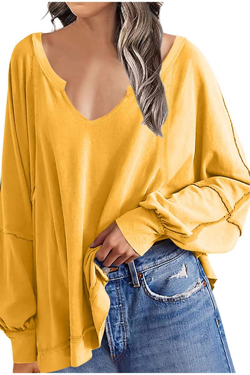 CWTBLL3940_LOOSE SOLID V-NECK ASYMMETRICAL LONG SLEEVE TEE