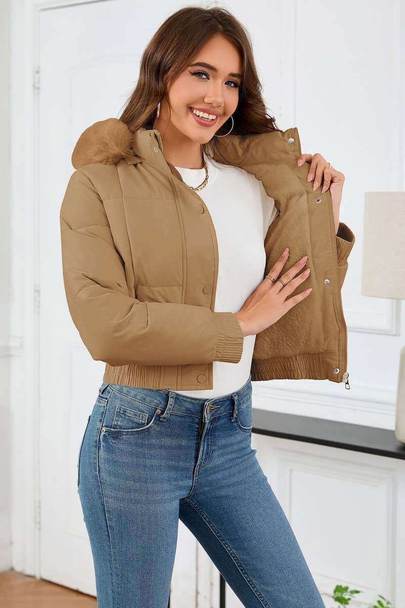 CWOCO0948_SHORT THICK FUR COLLAR HOODED PLUSH COTTON COAT