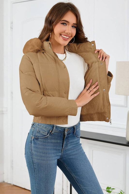 CWOCO0948_SHORT THICK FUR COLLAR HOODED PLUSH COTTON COAT