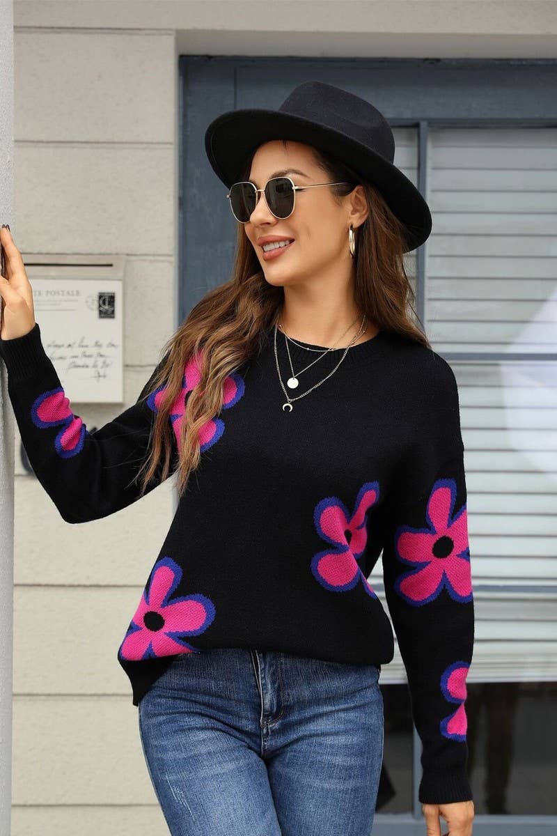 CWOSWL07599_FLORAL JACQUARD COLORBLOCK LOOSE KNIT TOP