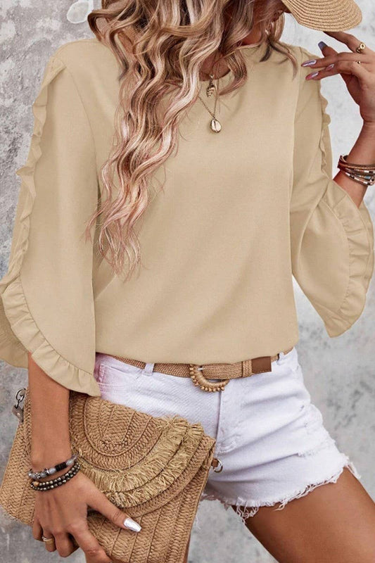 CWTBLS2263_LACE TRIM CREW NECK 3/4 SLEEVE ASYMMETRICAL TOP