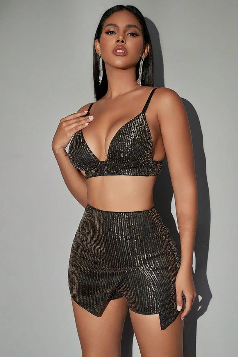 CWSS0613_SEXY SEQUIN HALTER TOP TANK TOP SHORTS SUIT