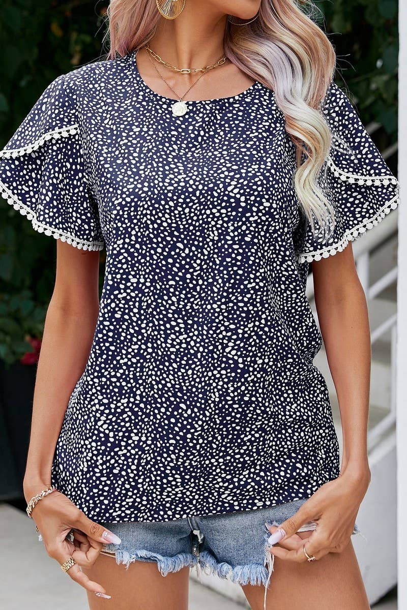 CWTBLS0356_Round neck Print Short Sleeve Blouse