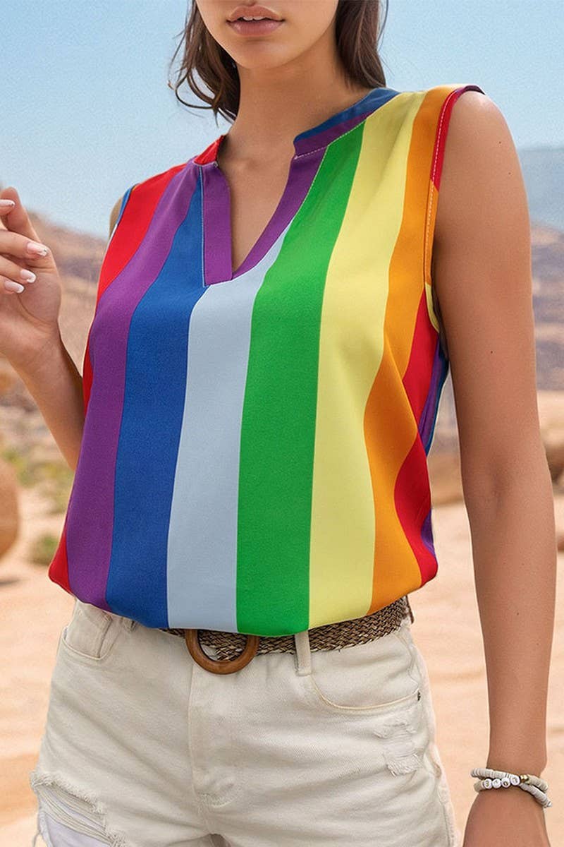 CWTBLS1638_2025 CASUAL BASIC COLOR STRIPED V-NECK SHIRT