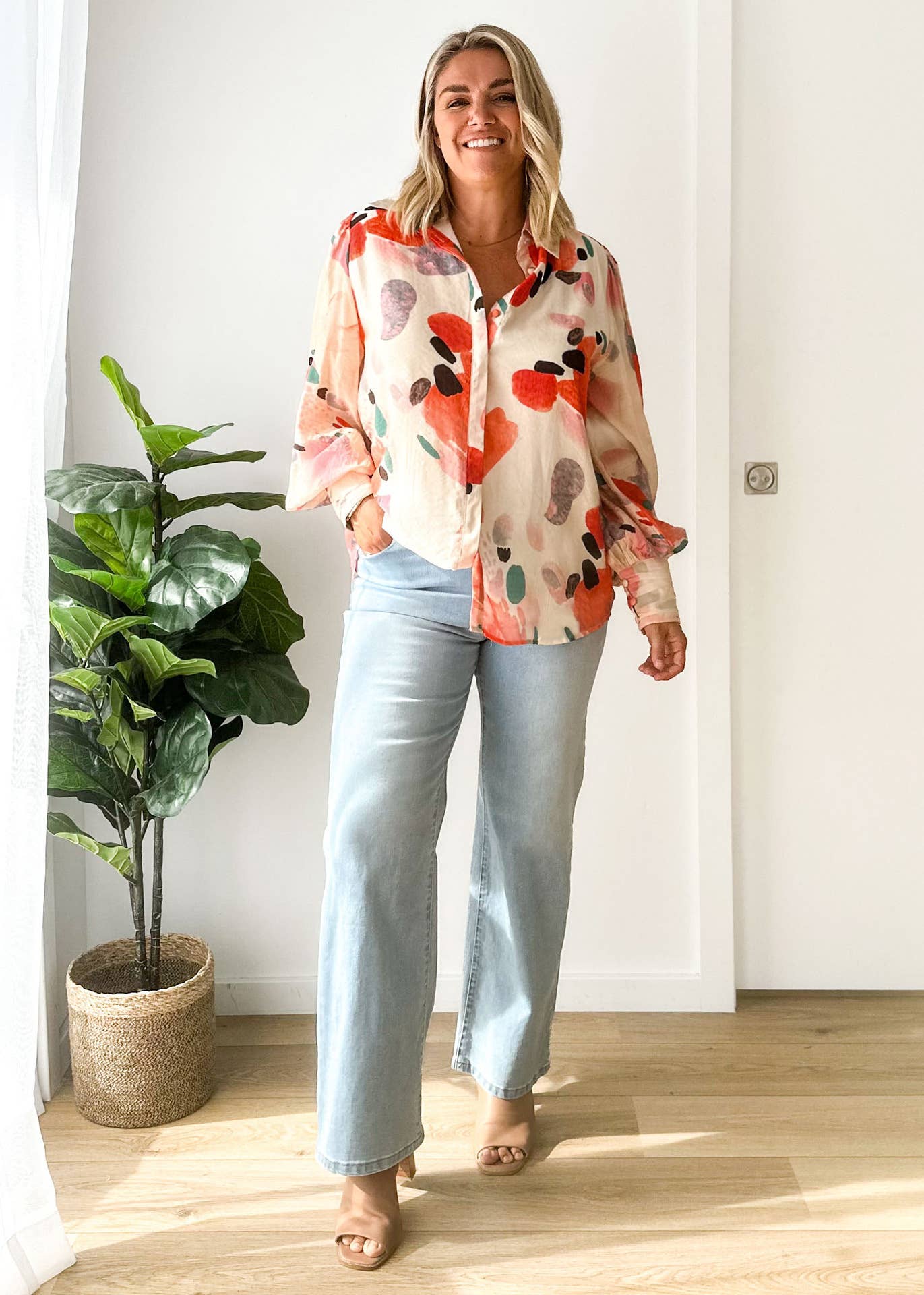 CASUAL LOOSE CARDIGAN PRINT LANTERN SLEEVE SHIRT