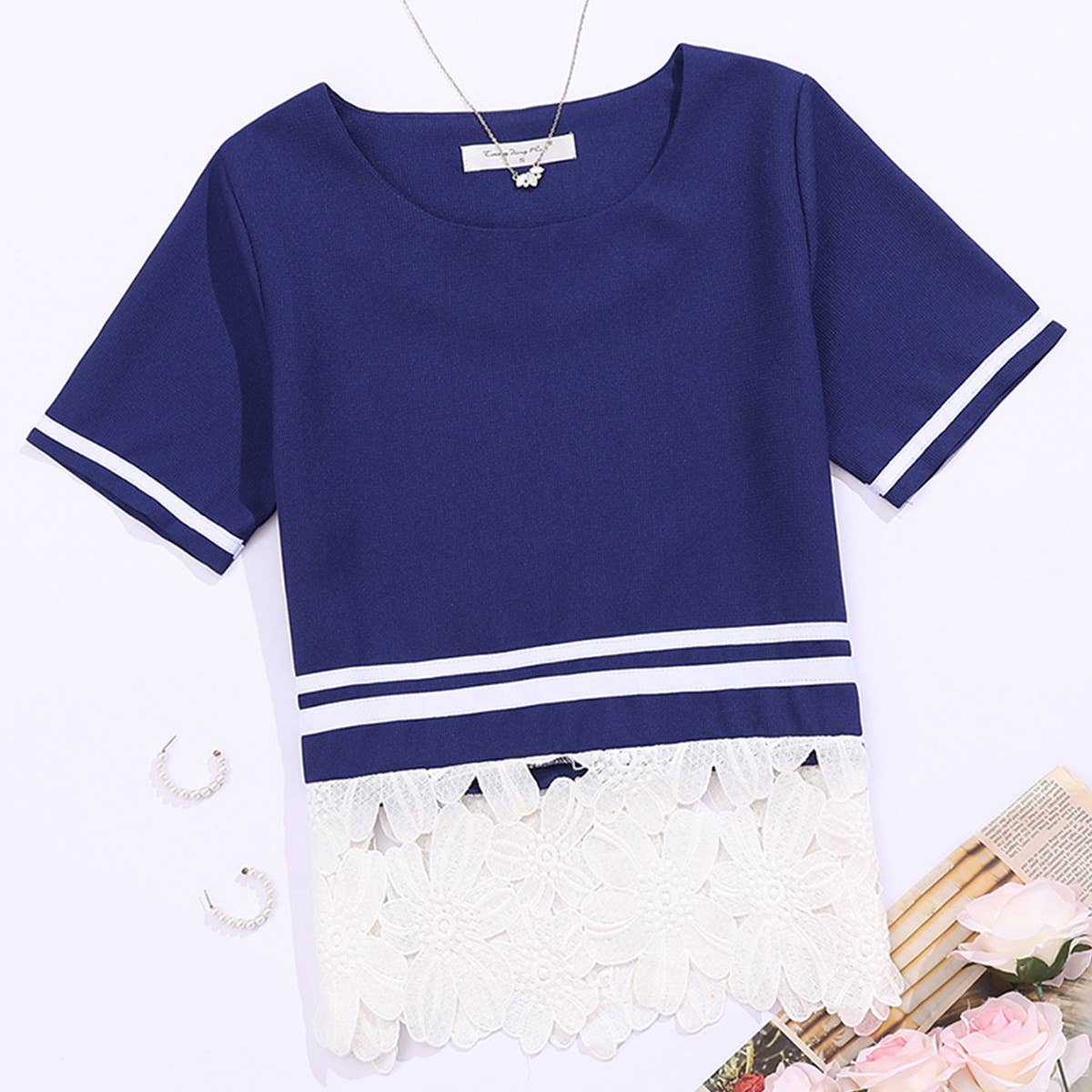Crew-neck fashion short-sleeved lace T-shirt