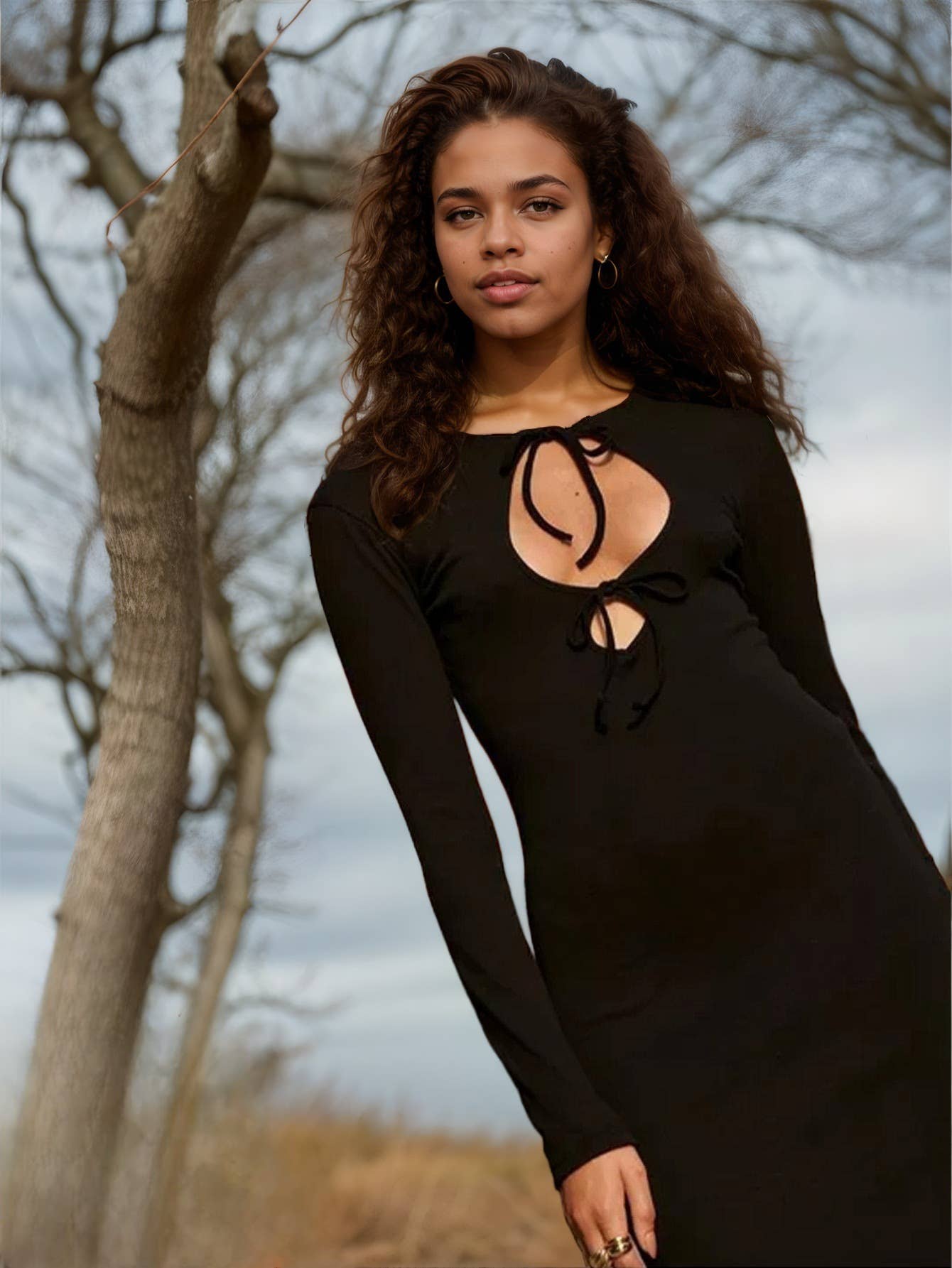 COMFORTABLE SOLID COLOR LONG HOLLOW DRESS