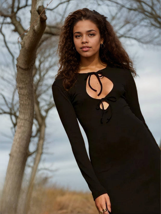 COMFORTABLE SOLID COLOR LONG HOLLOW DRESS