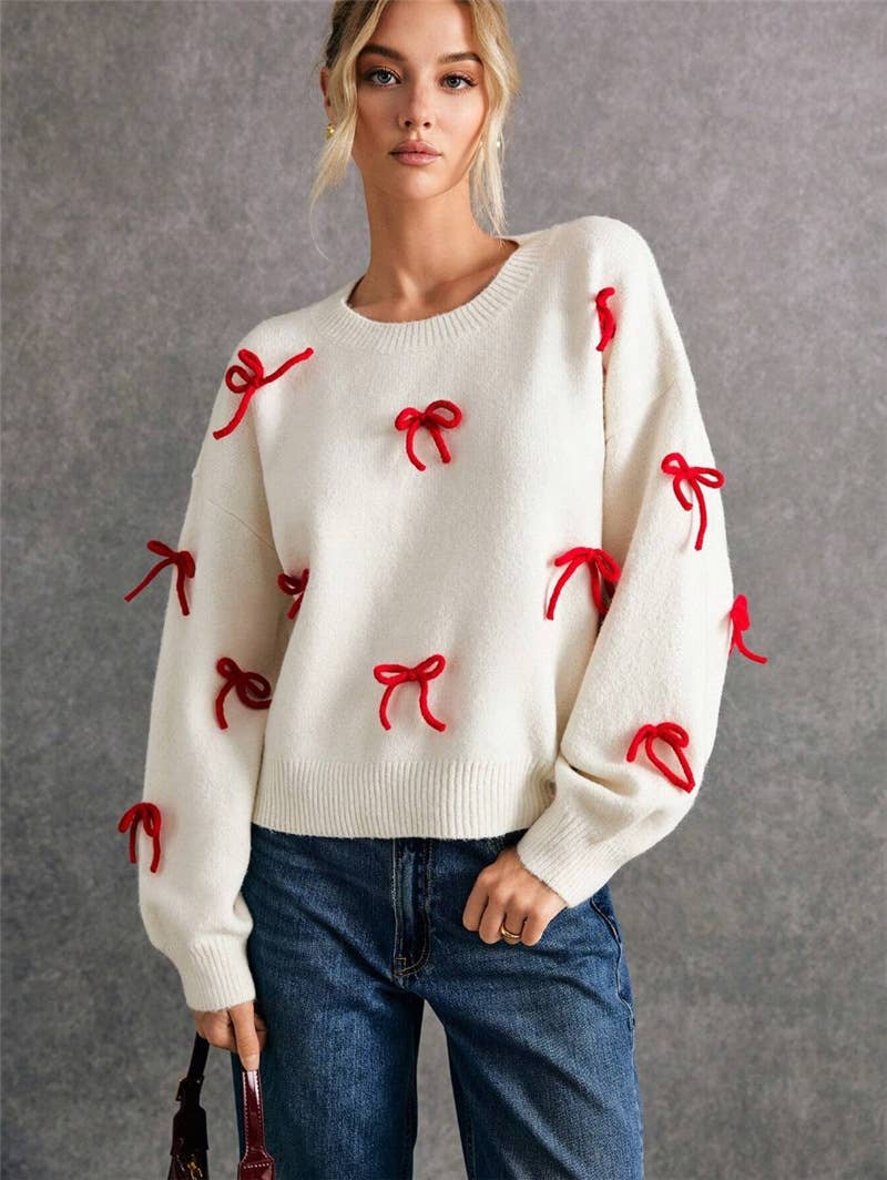 Bowknot adornment easing round neck sweaters