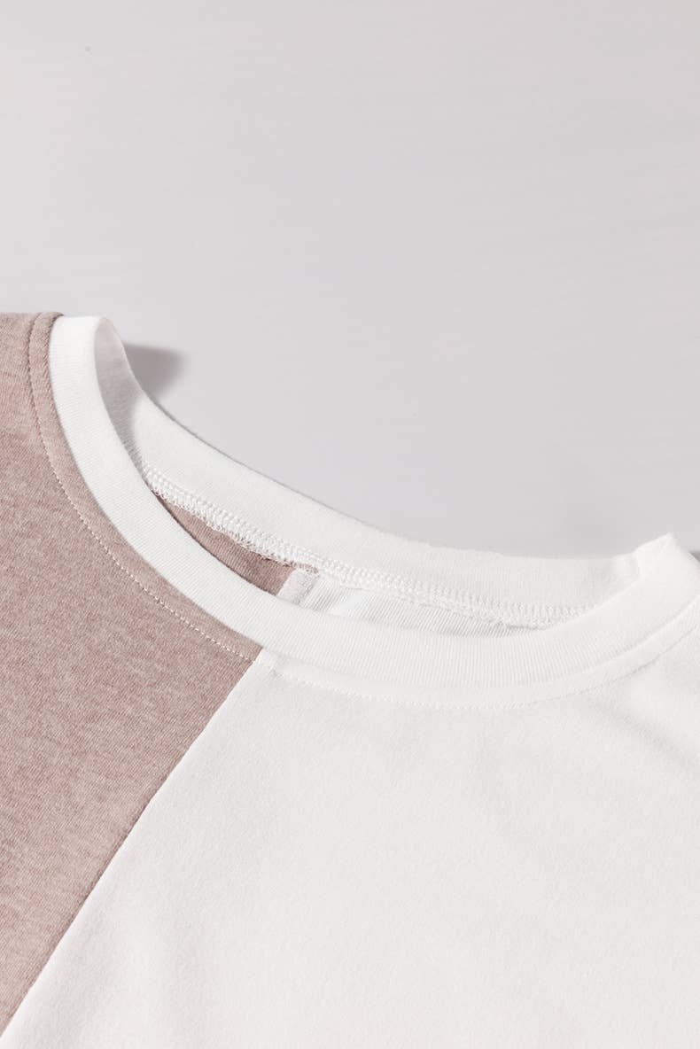 COLOR CONTRAST PATCHWORK LOOSE ROUND NECK TOP