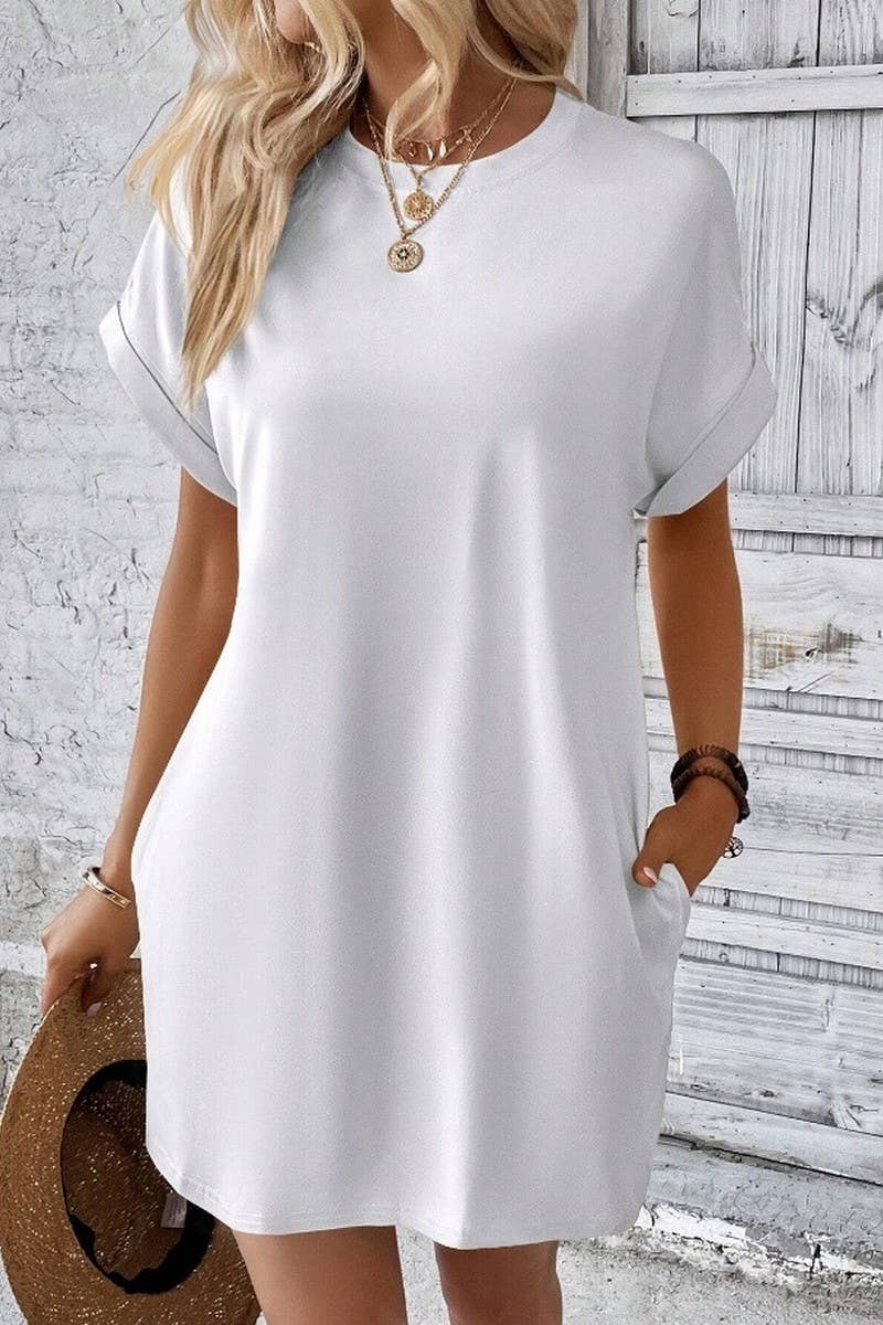 CWDSD3628_SOLID COLOR ROUND NECK LOOSE POCKET SHORT DRESS