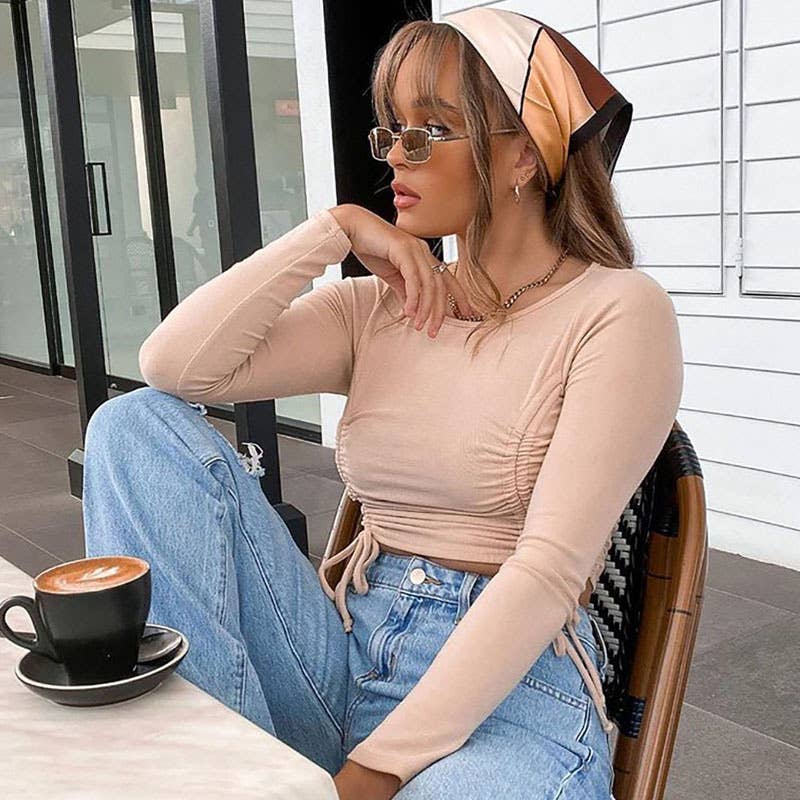 FASHION TREND PLEATED DESIGN FEELING CROP T-SHIRT