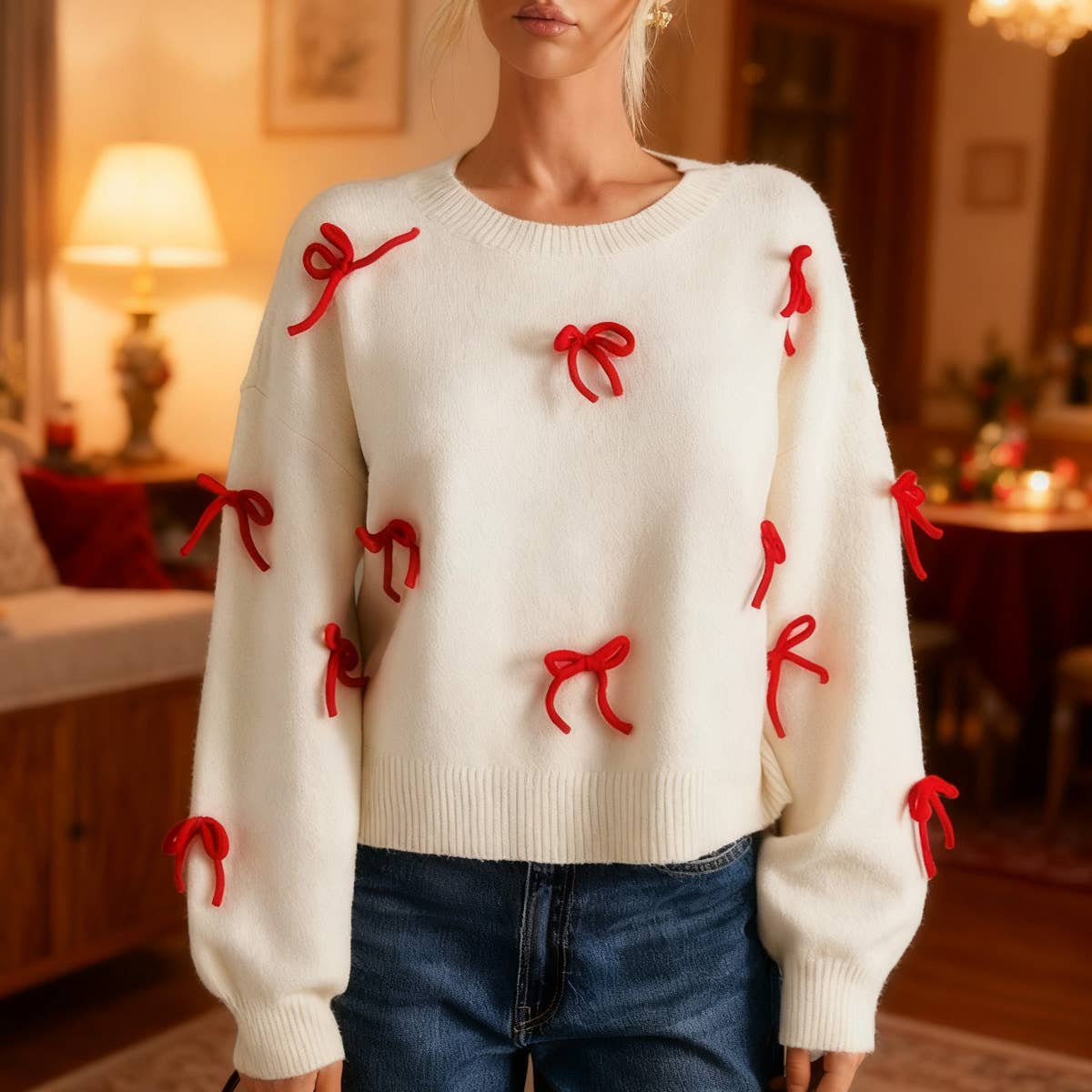 Bowknot adornment easing round neck sweaters