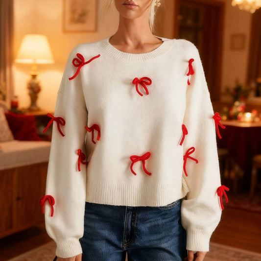 Bowknot adornment easing round neck sweaters