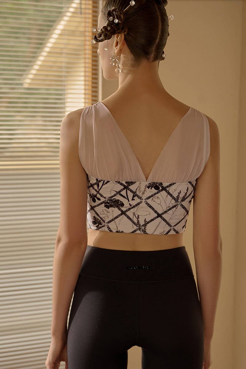 CWSTB1982_PRINTED MESH PANEL PADDED RACERBACK SPORTS BRA