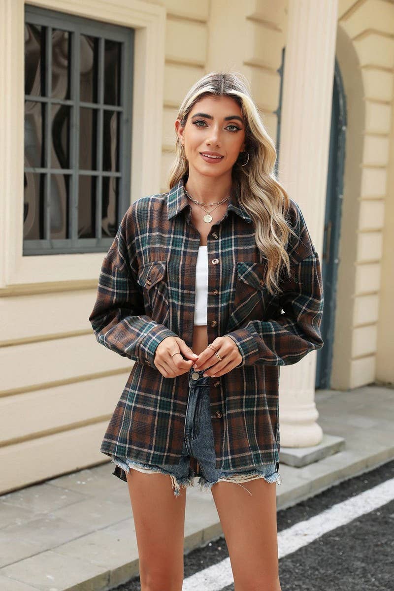 CWTSTL1700_COLLAR POCKET PLAID LOOSE LONG SLEEVE SHIRT