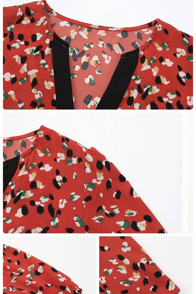 CWTBLL1719_V-NECK PRINTED LONG-SLEEVED RED SHIRT