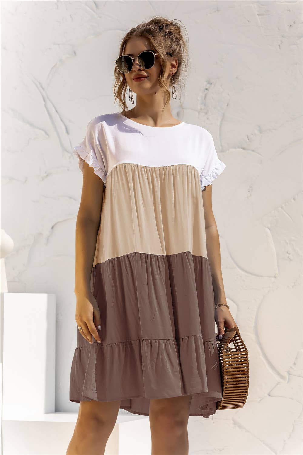 Color contrast baggy cake multi-layer hem dress