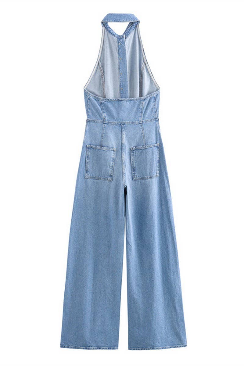 CWSJS1260_HALTER NECK LONG DENIM JUMPSUIT