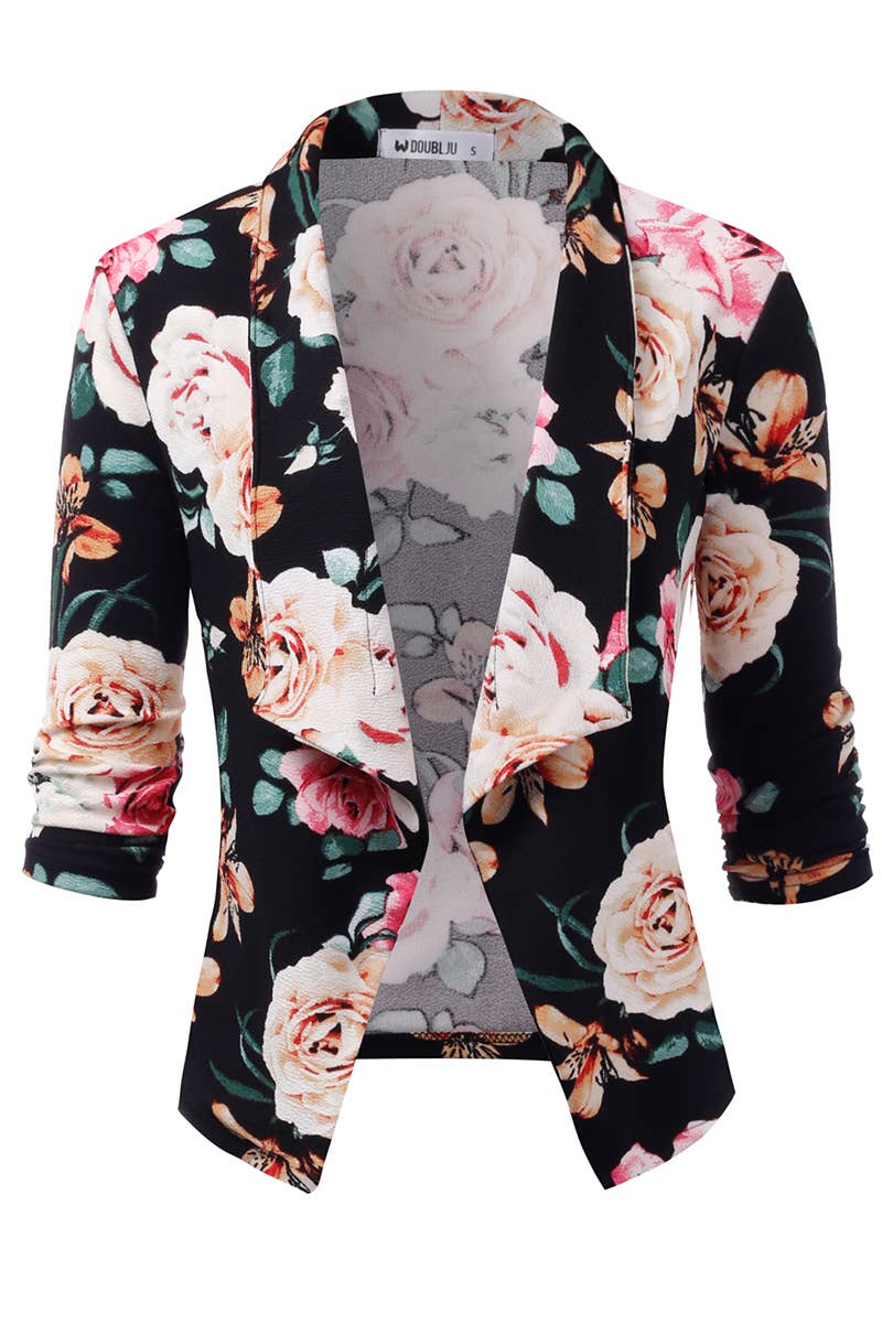 CWOBL091_Casual Work Ruched 3/4 Slv Open Front Blazer Jacket