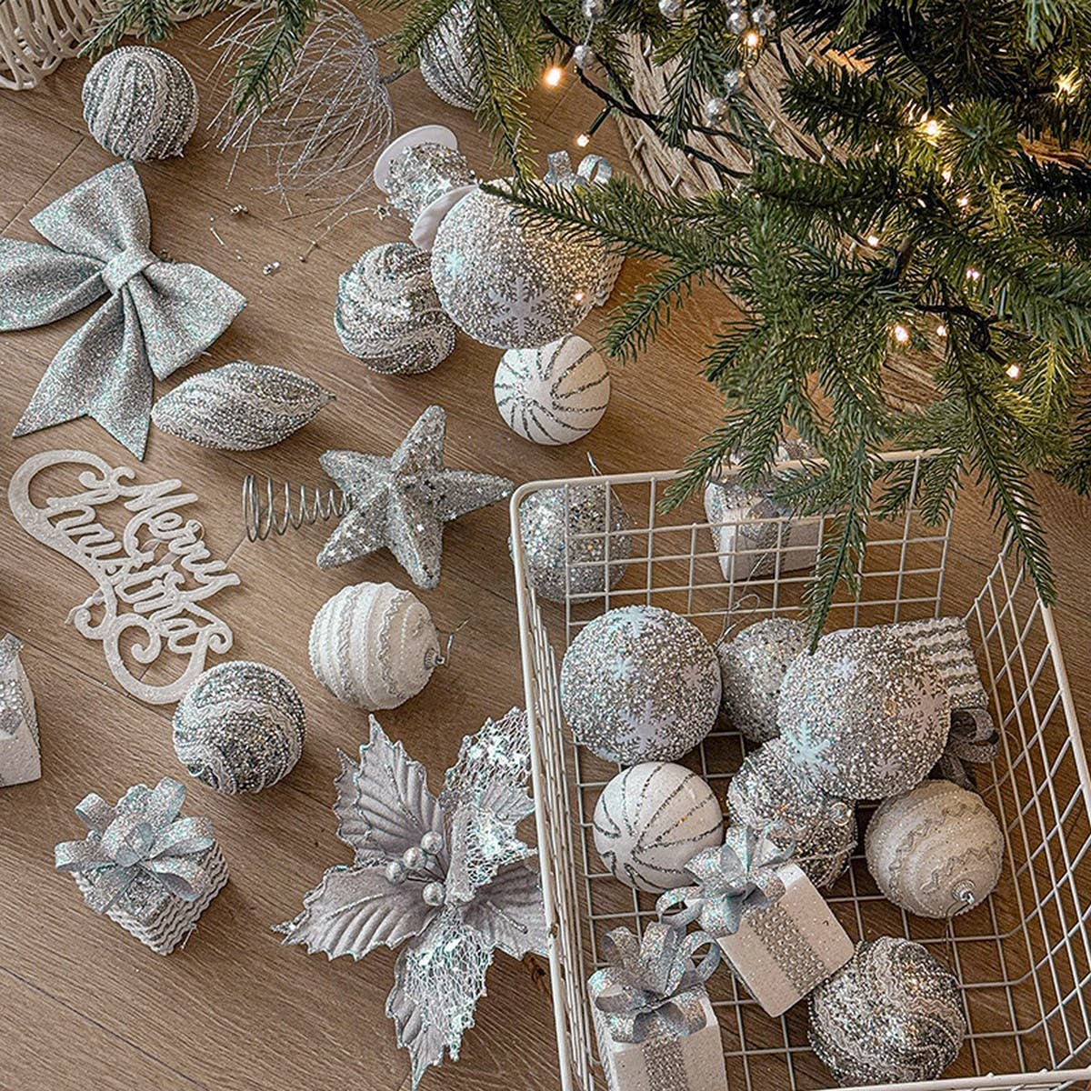 Silver Foam Glitter Xmas Balls Bows Tree Topper