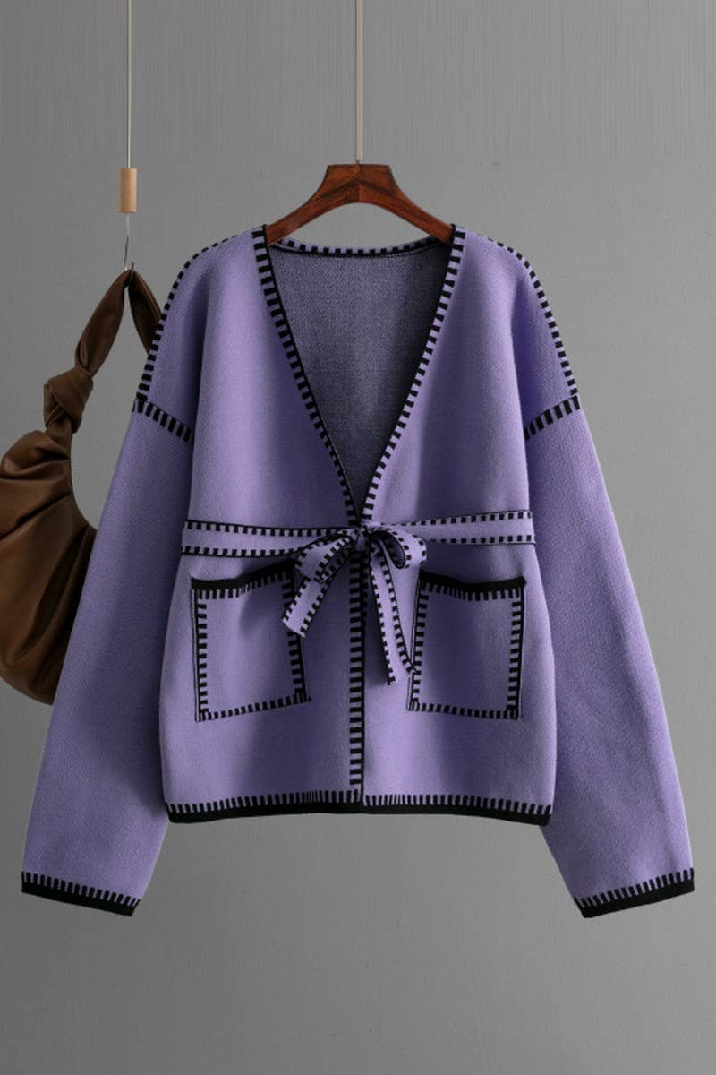 CWOCAL00666_TIE WAIST LONG SLEEVE CASUAL KNIT CARDIGAN