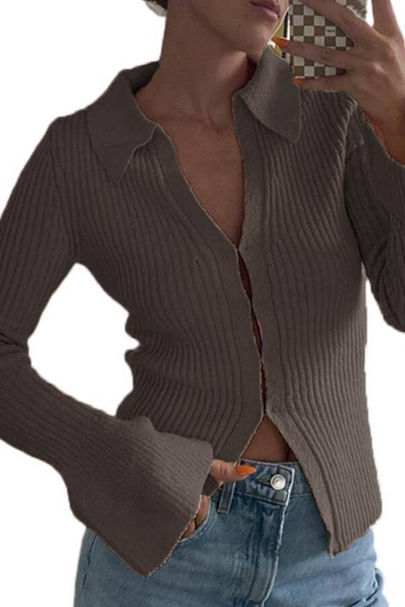 CWOCAL2221_SOLID COLOR LAPEL BELL SLEEVE KNIT CARDIGAN TOP