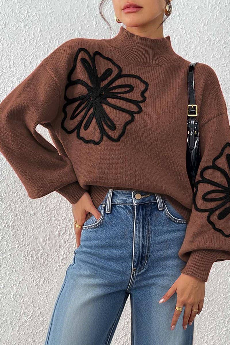 CWOSWL07331_WOMEN RIBBON EMBROIDERED LANTERN SLEEVE SWEATER