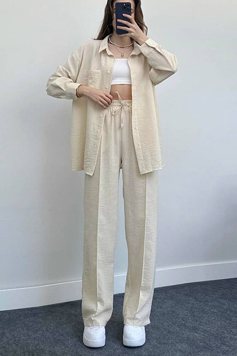 CWSS1061_WOMEN'S LOOSE LONG-SLEEVED SHIRT TWO-PIECE SUIT
