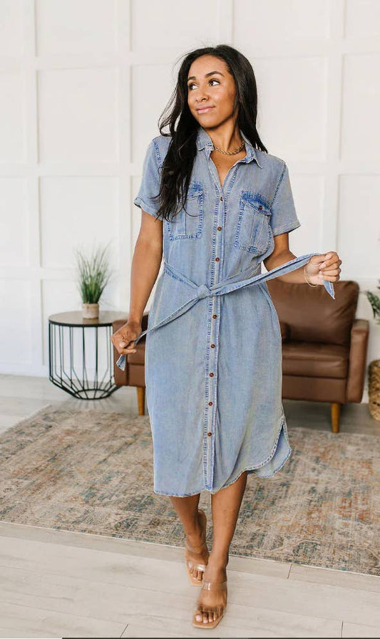 CASUAL LOOSE LACE-UP DENIM SHIRT DRESS