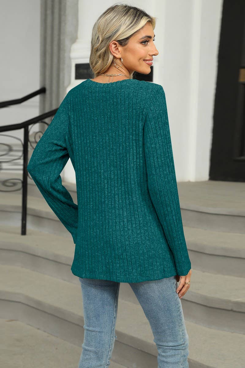 CWOSWL6831_SINGLE-BREASTED ROUND NECK LONG-SLEEVED LOOSE TOP