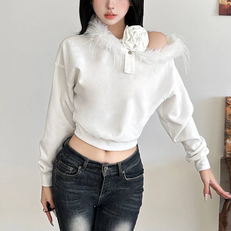 FLEECE COLLAR STEREO FLORAL OFF-THE-SHOULDER TOp