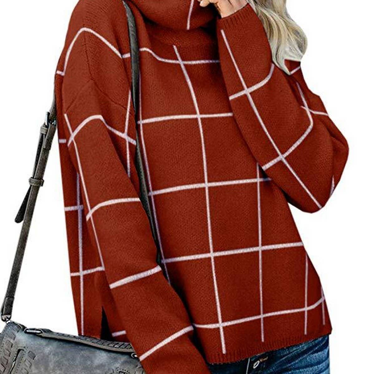 Check knit turtleneck sweater