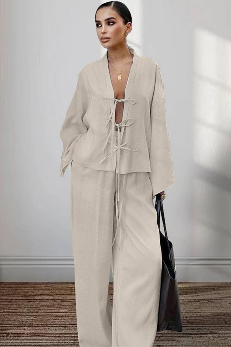 CWSPJ0370_SOLID COLOR LACE-UP CARDIGAN PAJAMA SET