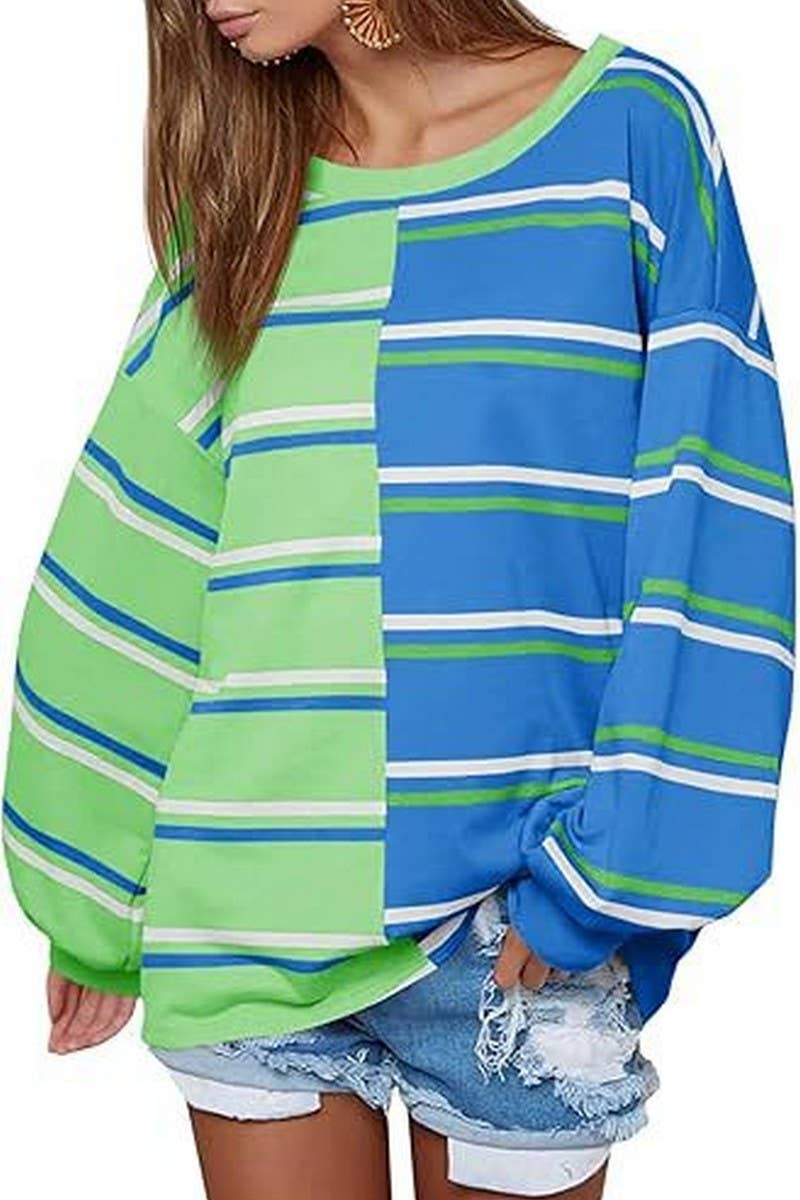 CWTBLL3903_LOOSE CASUAL STRIPED KNIT LONG SLEEVE SWEATSHIRT